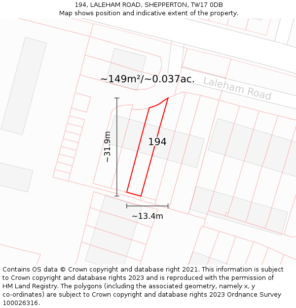 194, LALEHAM ROAD, SHEPPERTON, TW17 0DB: Plot and title map
