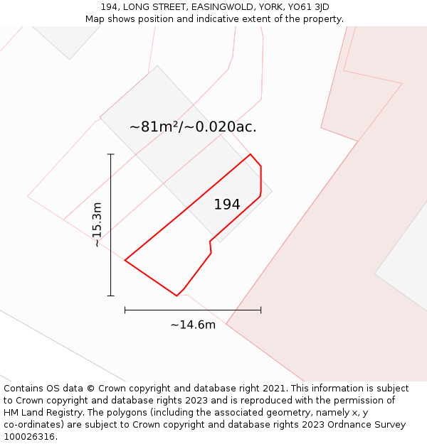 194, LONG STREET, EASINGWOLD, YORK, YO61 3JD: Plot and title map