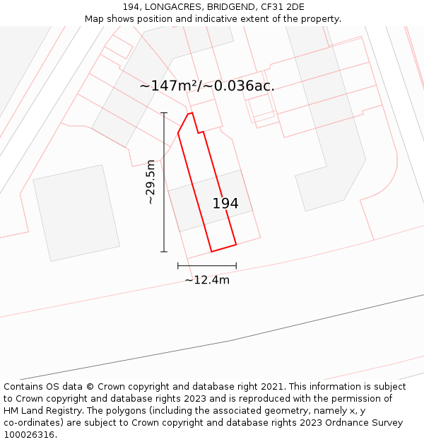 194, LONGACRES, BRIDGEND, CF31 2DE: Plot and title map