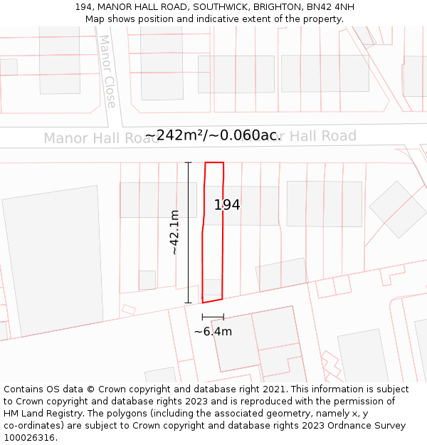194, MANOR HALL ROAD, SOUTHWICK, BRIGHTON, BN42 4NH: Plot and title map