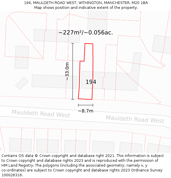 194, MAULDETH ROAD WEST, WITHINGTON, MANCHESTER, M20 1BA: Plot and title map