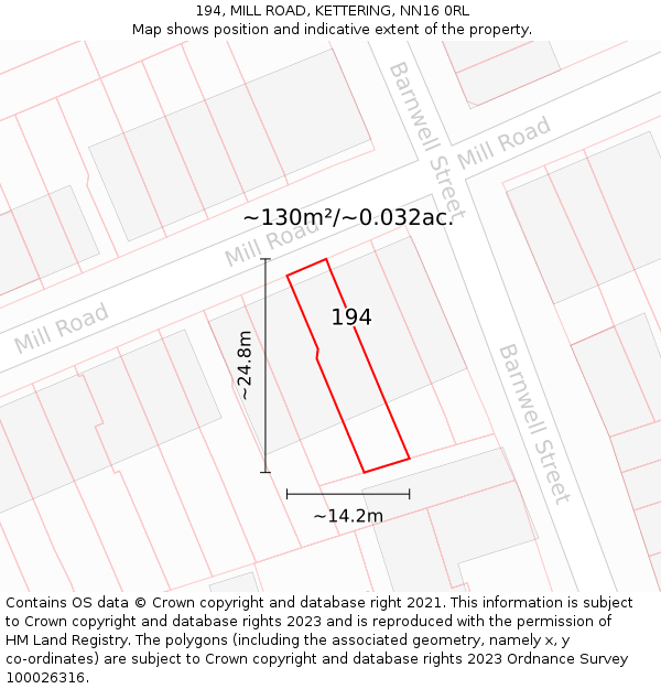 194, MILL ROAD, KETTERING, NN16 0RL: Plot and title map