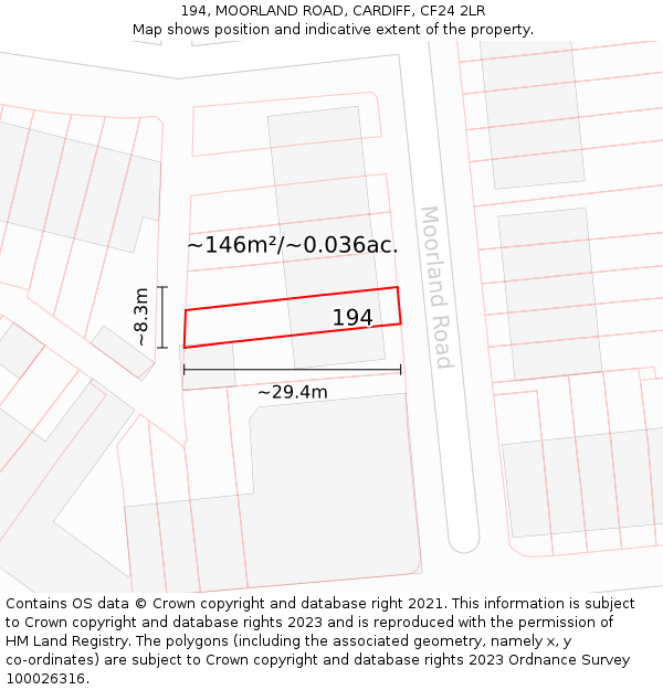 194, MOORLAND ROAD, CARDIFF, CF24 2LR: Plot and title map