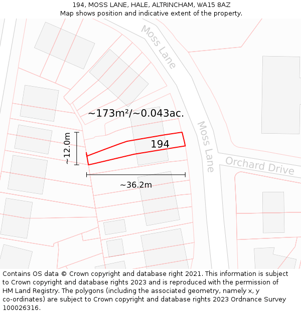 194, MOSS LANE, HALE, ALTRINCHAM, WA15 8AZ: Plot and title map