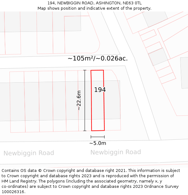 194, NEWBIGGIN ROAD, ASHINGTON, NE63 0TL: Plot and title map