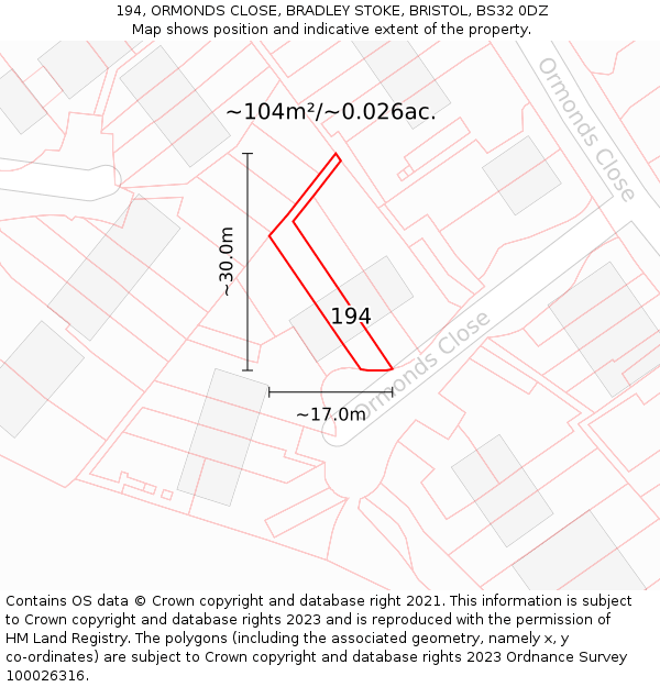 194, ORMONDS CLOSE, BRADLEY STOKE, BRISTOL, BS32 0DZ: Plot and title map
