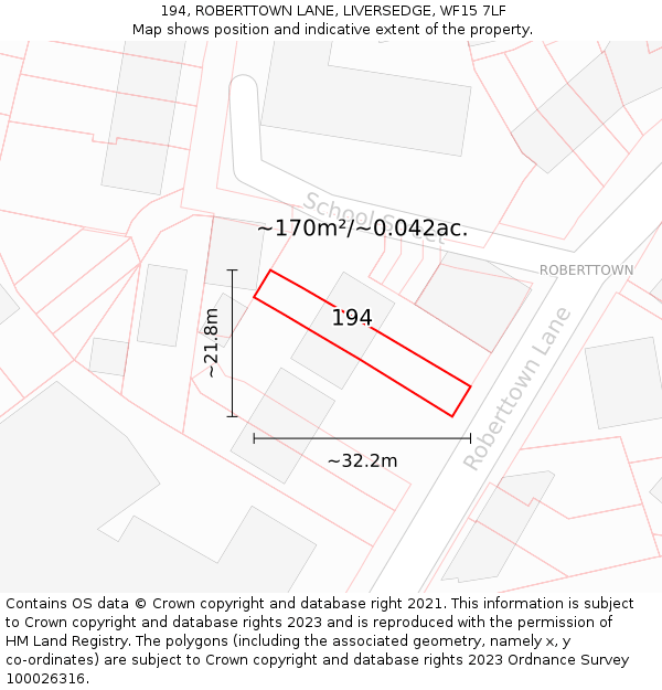 194, ROBERTTOWN LANE, LIVERSEDGE, WF15 7LF: Plot and title map