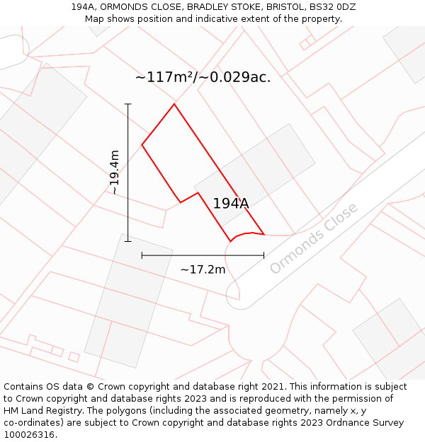 194A, ORMONDS CLOSE, BRADLEY STOKE, BRISTOL, BS32 0DZ: Plot and title map