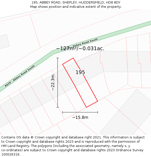 195, ABBEY ROAD, SHEPLEY, HUDDERSFIELD, HD8 8DY: Plot and title map