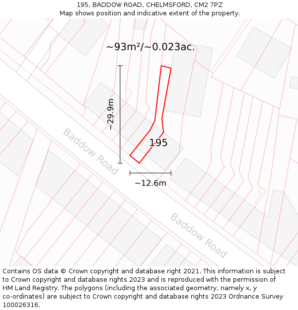 195, BADDOW ROAD, CHELMSFORD, CM2 7PZ: Plot and title map