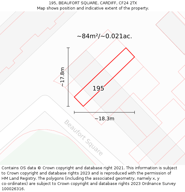 195, BEAUFORT SQUARE, CARDIFF, CF24 2TX: Plot and title map
