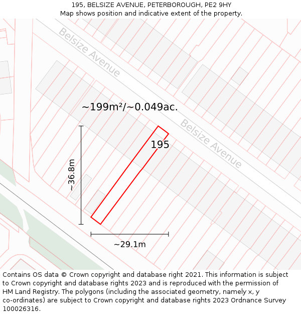 195, BELSIZE AVENUE, PETERBOROUGH, PE2 9HY: Plot and title map