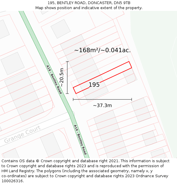 195, BENTLEY ROAD, DONCASTER, DN5 9TB: Plot and title map