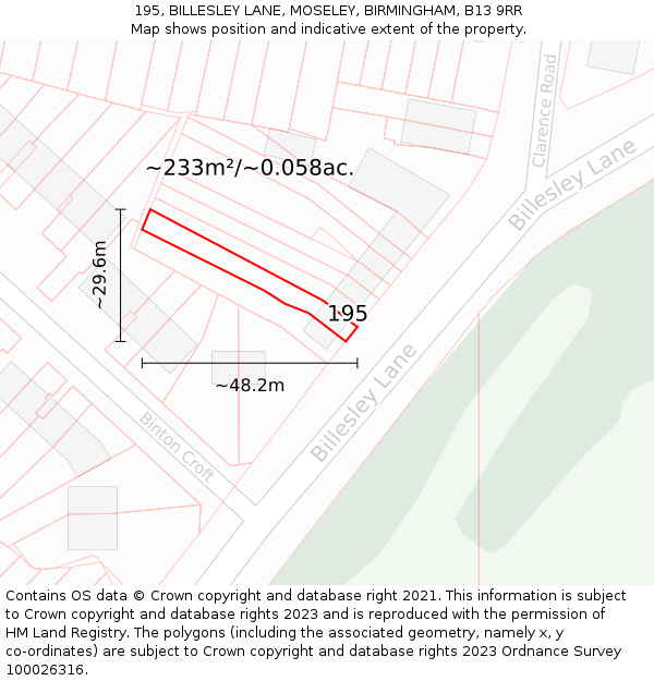 195, BILLESLEY LANE, MOSELEY, BIRMINGHAM, B13 9RR: Plot and title map