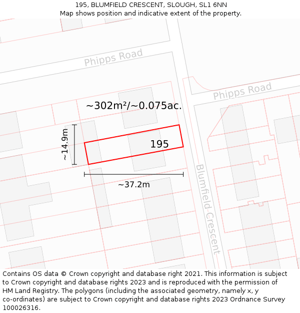195, BLUMFIELD CRESCENT, SLOUGH, SL1 6NN: Plot and title map