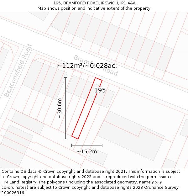 195, BRAMFORD ROAD, IPSWICH, IP1 4AA: Plot and title map