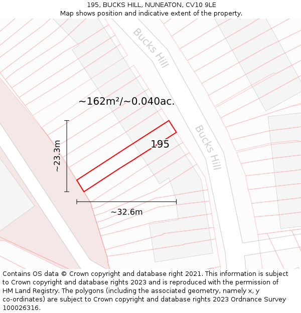 195, BUCKS HILL, NUNEATON, CV10 9LE: Plot and title map
