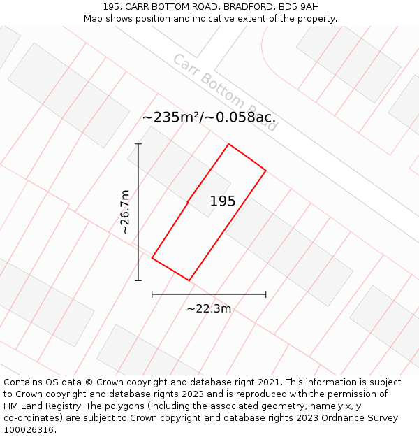 195, CARR BOTTOM ROAD, BRADFORD, BD5 9AH: Plot and title map