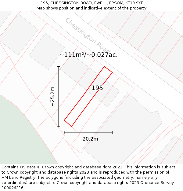 195, CHESSINGTON ROAD, EWELL, EPSOM, KT19 9XE: Plot and title map