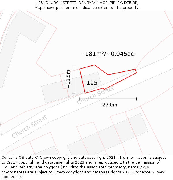 195, CHURCH STREET, DENBY VILLAGE, RIPLEY, DE5 8PJ: Plot and title map
