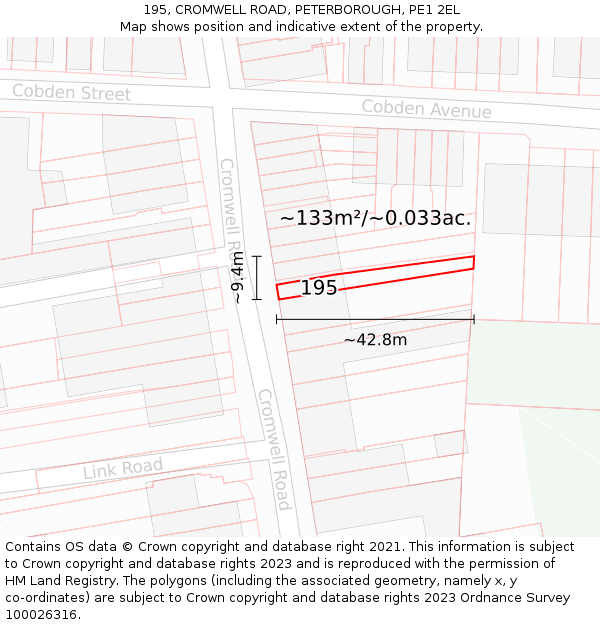 195, CROMWELL ROAD, PETERBOROUGH, PE1 2EL: Plot and title map