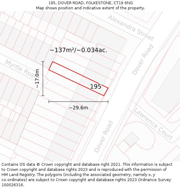 195, DOVER ROAD, FOLKESTONE, CT19 6NG: Plot and title map