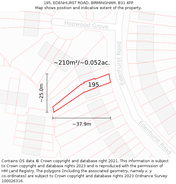 195, EDENHURST ROAD, BIRMINGHAM, B31 4PP: Plot and title map