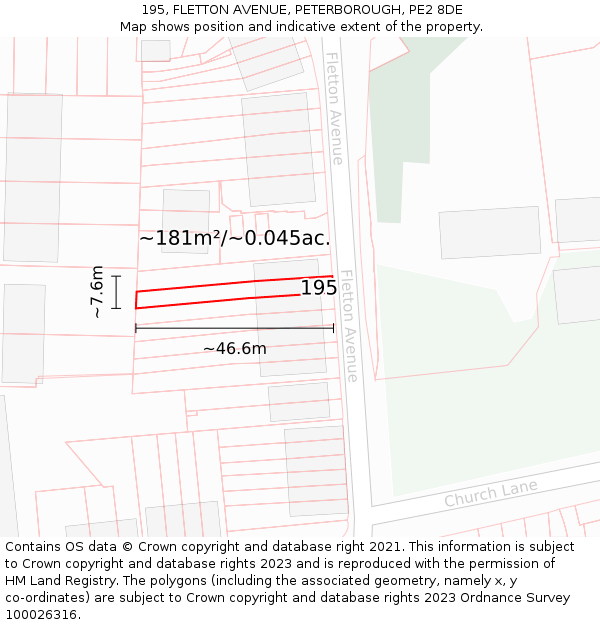 195, FLETTON AVENUE, PETERBOROUGH, PE2 8DE: Plot and title map