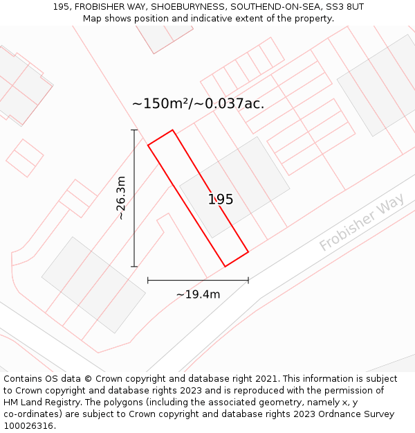 195, FROBISHER WAY, SHOEBURYNESS, SOUTHEND-ON-SEA, SS3 8UT: Plot and title map