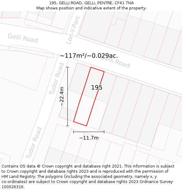 195, GELLI ROAD, GELLI, PENTRE, CF41 7NA: Plot and title map