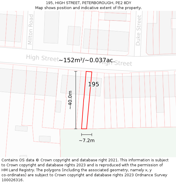 195, HIGH STREET, PETERBOROUGH, PE2 8DY: Plot and title map