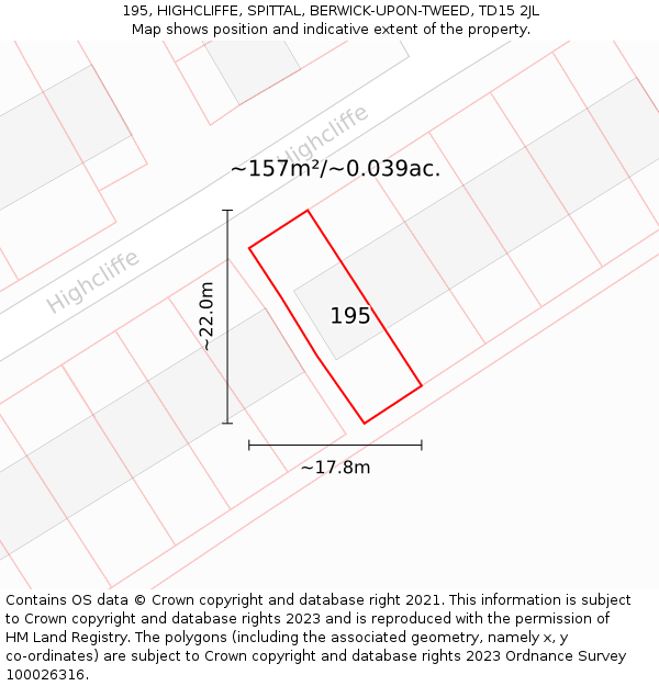 195, HIGHCLIFFE, SPITTAL, BERWICK-UPON-TWEED, TD15 2JL: Plot and title map