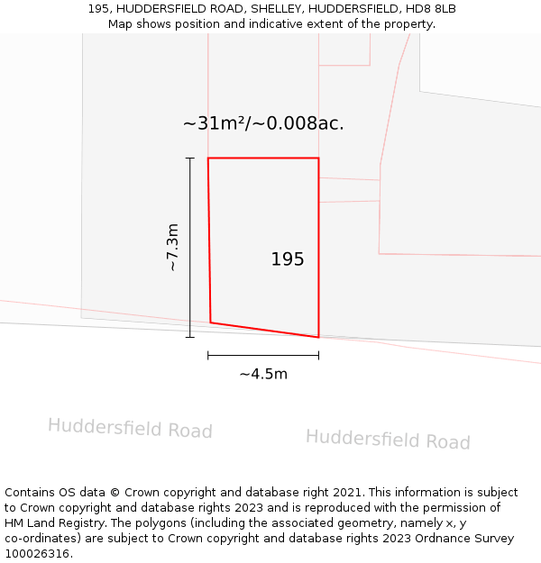 195, HUDDERSFIELD ROAD, SHELLEY, HUDDERSFIELD, HD8 8LB: Plot and title map