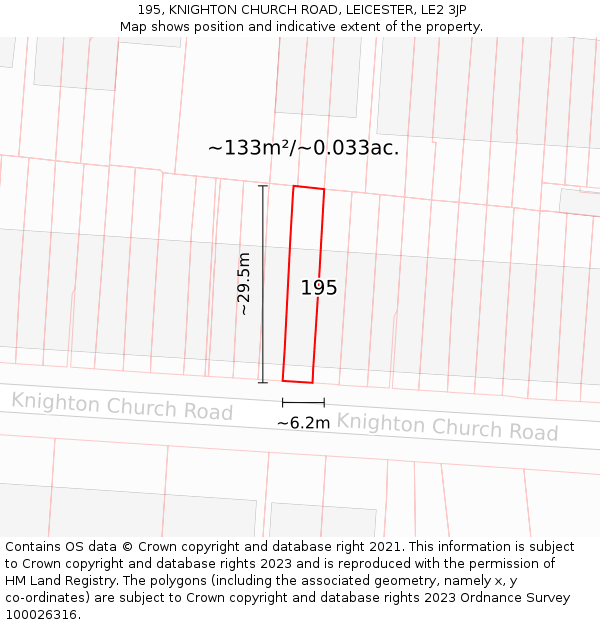 195, KNIGHTON CHURCH ROAD, LEICESTER, LE2 3JP: Plot and title map