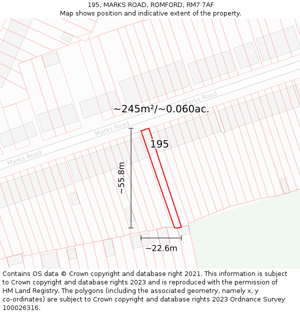 195, MARKS ROAD, ROMFORD, RM7 7AF: Plot and title map