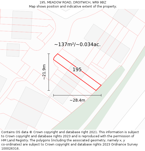 195, MEADOW ROAD, DROITWICH, WR9 9BZ: Plot and title map