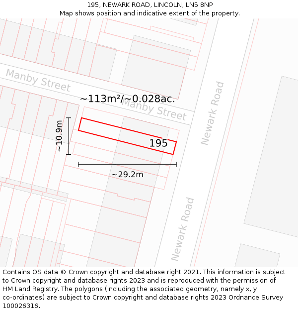 195, NEWARK ROAD, LINCOLN, LN5 8NP: Plot and title map