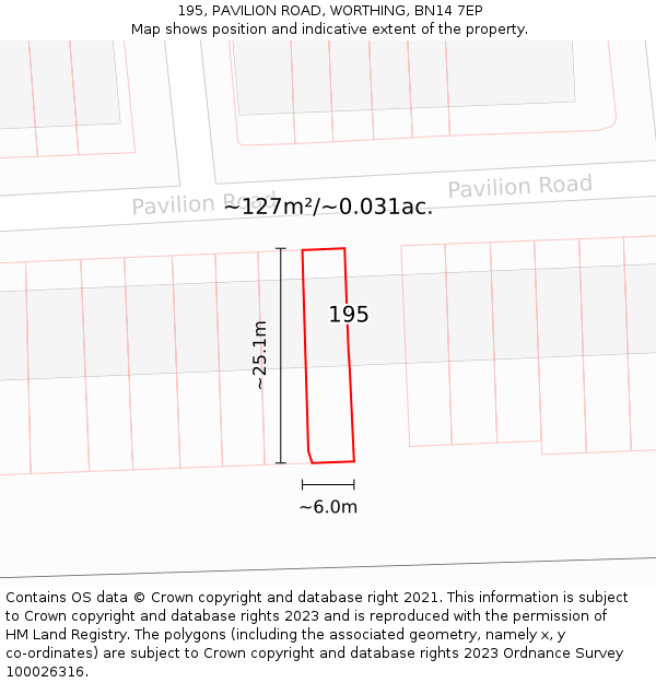 195, PAVILION ROAD, WORTHING, BN14 7EP: Plot and title map