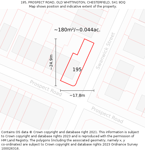 195, PROSPECT ROAD, OLD WHITTINGTON, CHESTERFIELD, S41 9DQ: Plot and title map