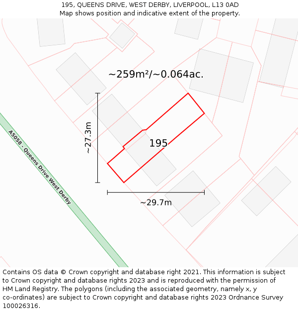 195, QUEENS DRIVE, WEST DERBY, LIVERPOOL, L13 0AD: Plot and title map