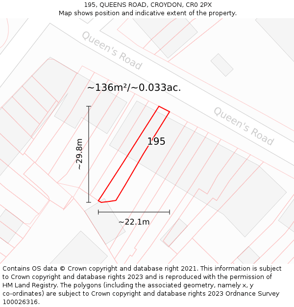 195, QUEENS ROAD, CROYDON, CR0 2PX: Plot and title map
