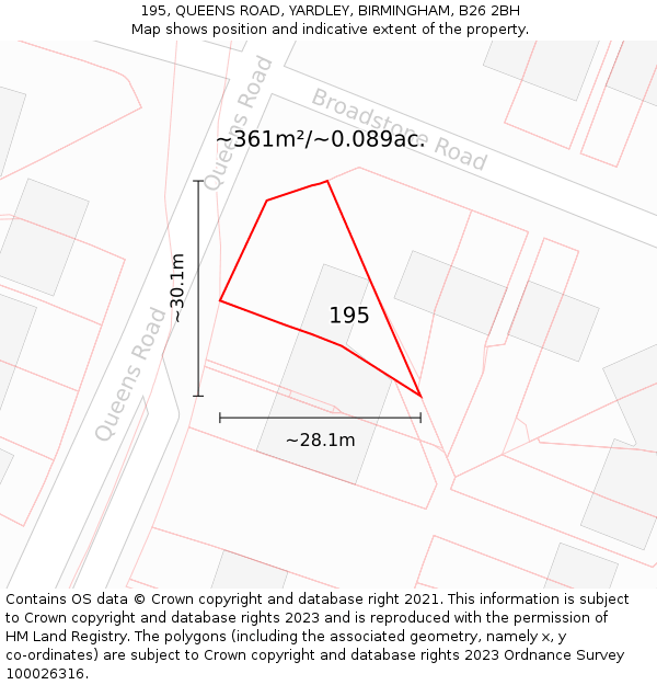 195, QUEENS ROAD, YARDLEY, BIRMINGHAM, B26 2BH: Plot and title map