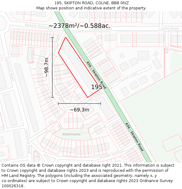195, SKIPTON ROAD, COLNE, BB8 0NZ: Plot and title map