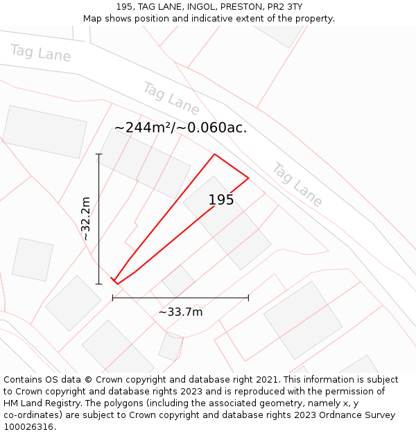 195, TAG LANE, INGOL, PRESTON, PR2 3TY: Plot and title map