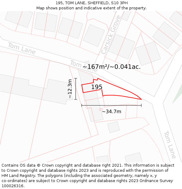 195, TOM LANE, SHEFFIELD, S10 3PH: Plot and title map