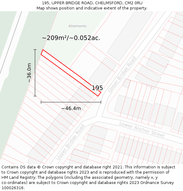 195, UPPER BRIDGE ROAD, CHELMSFORD, CM2 0RU: Plot and title map