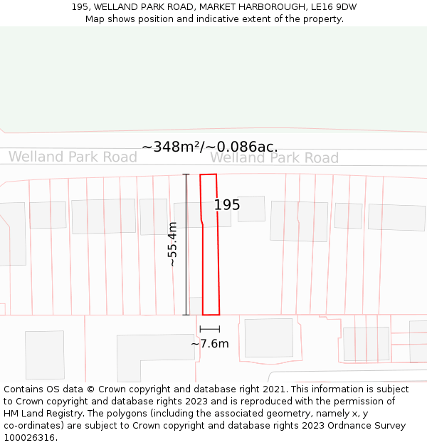 195, WELLAND PARK ROAD, MARKET HARBOROUGH, LE16 9DW: Plot and title map