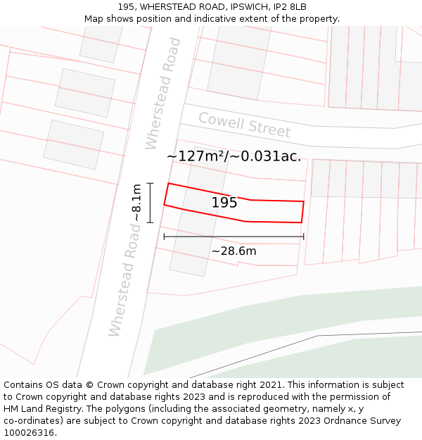 195, WHERSTEAD ROAD, IPSWICH, IP2 8LB: Plot and title map