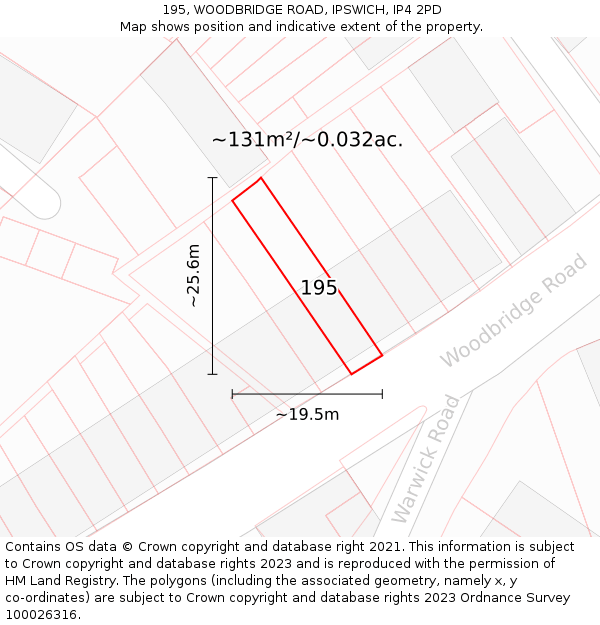 195, WOODBRIDGE ROAD, IPSWICH, IP4 2PD: Plot and title map