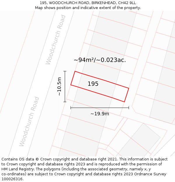 195, WOODCHURCH ROAD, BIRKENHEAD, CH42 9LL: Plot and title map